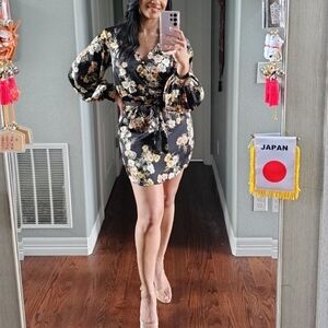 Floral Satin Wrap Mini Dress - Black & Gold